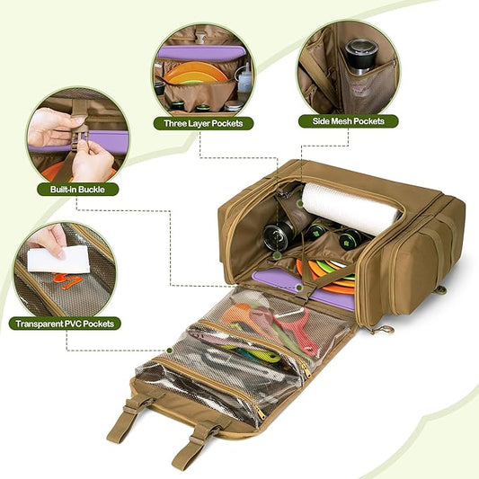 Large Tactical Camping Kitchen Organizer, Hanging Cookware Storage Bag with Paper Towel Holder & Multi Pockets, Portable Camp Utensil Organizer for BBQ Cooking Essentials, Khaki, Bag Only