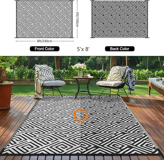 Outdoor Patio Plastic Straw Rug - 5'x8' Outdoor Camping Rug Waterproof Reversible, Area Carpet Patios Clearance RV, Outside Porch Balcony Deck for Camper, Stripe Black & White