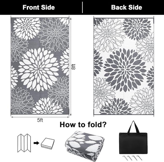 Ileading Reversible Outdoor Rug 5x8Ft Waterproof Patio Rug Carpet Portable Outdoor Plastic Straw Rug Large RV Camping Mat Rug for Patio, Clearance, Deck, Beach, Porch, Camping, Picnic, Flower Grey