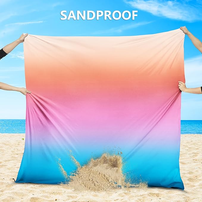 Beach Blanket Sandproof Extra Large Beach Mat Adults Waterproof Quick Drying Sand Free Mat Made by Premium Polyester with 4 Stakes & 4 Corner Pockets for Outdoor Travel Camping Hiking