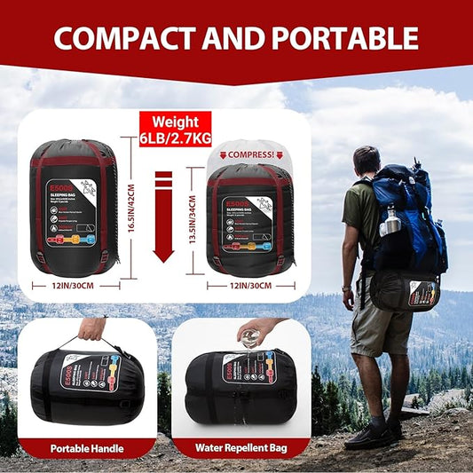 Adult Kids Sleeping Bag - All Season Warm/Cold Weather Lightweight for Camping & Hiking - Compact w/Compression Sack - Portable for Backpacking Travel Indoor - Unisex Boy Girl Man Woman