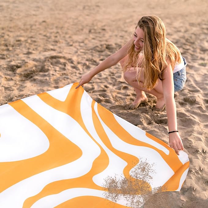 Yellow Beach Blanket, Sand Free Waterproof Outdoor Beach Mat with 4 Stakes & Pockets, 78''×86'' Large Sandproof Foldable Picnic Blanket with Portable Bag for Camping, Travel, Hiking