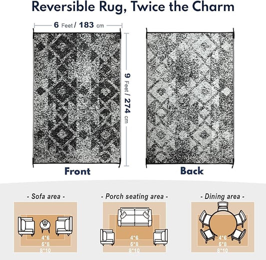 Waterproof Outdoor Rug 6x9 ft, Reversible Plastic Straw Rug, Easy to Clean Patio Rug, Portable Carpet for Patio, RV, Deck, Balcony, Backyard, Picnic, Beach, Mosaic, Gray