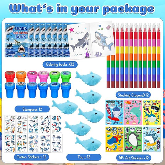 Cinrobiye 72 Pcs Shark Toddler Party Favors,Shark Coloring Book Ocean Animals Party Goodie Bags Fillers,Under the Sea Birthday Party Decorations Craft DIY Kit Face Stickers Tattoo for Shark Pinatas