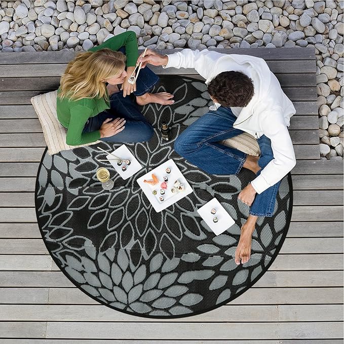 Anidaroel Round Outdoor Rugs 6' for Patio Clearance, Waterproof Reversible Tropical Plastic Straw Patio Rug, Outdoor Area Rug Floor Mat for RV Camping, Porch, Pool Deck, Balcony, Picnic(6ft)