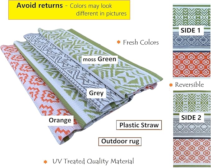 BalajeesUSA Outdoor Rugs 9x12 ft Large Plastic Patio Green, Orange Affordable Multipurpose Woven Plastic Straw All-Weather Waterproof Reversible Camper mat Backyard Picnic Sports Camps Tent