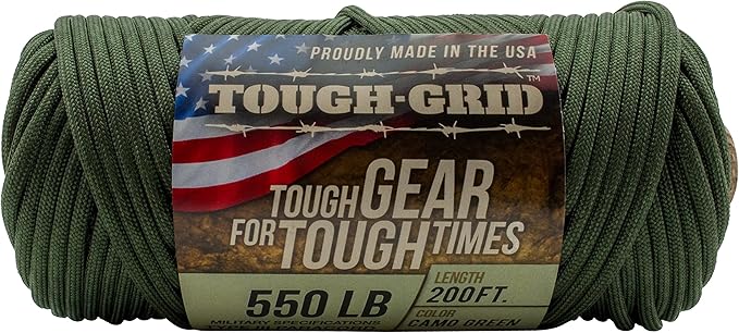 TOUGH-GRID Premium Camo Green Paracord 550 lbs Made in USA Outdoor Survival Nylon Rope Tactical Heavy Duty Strands Parachute Cord Used by US Military Type III Mil-Spec