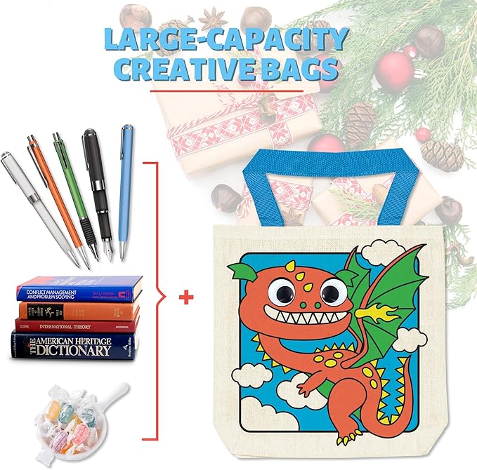 12 Pieces Kids Coloring Goodie Bags, Reusable Canvas Bag, Cute Art Party Favors, Color Your Own Bags for DIY Painting Birthday Carnival Celebration, Party Supplies Gift, Boys