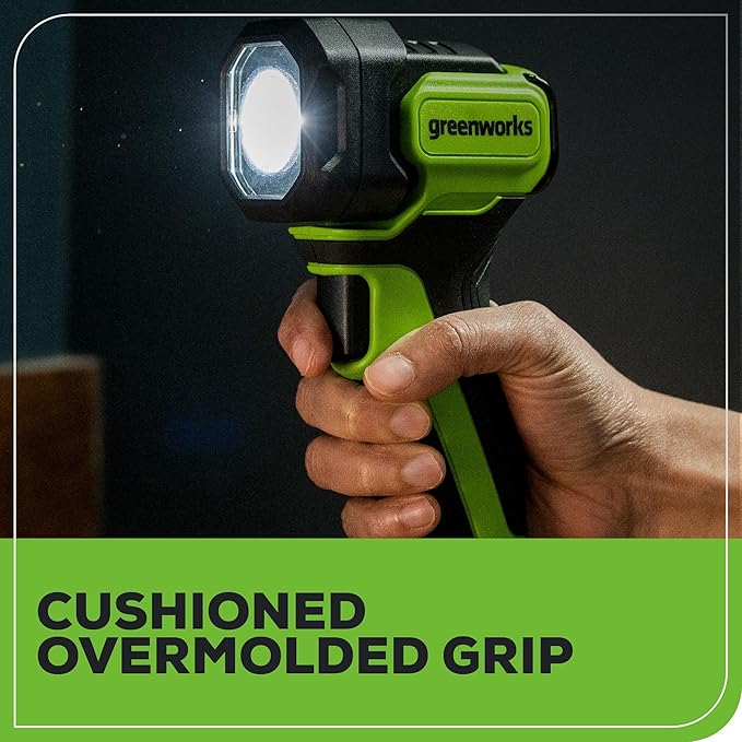 Greenworks 24V Cordless LED Flash Light, 200 lumes Handheld Work Light, Pivoting Head, 3 Lighting Modes, Hanging Hook, with 2Ah Battery and Charger