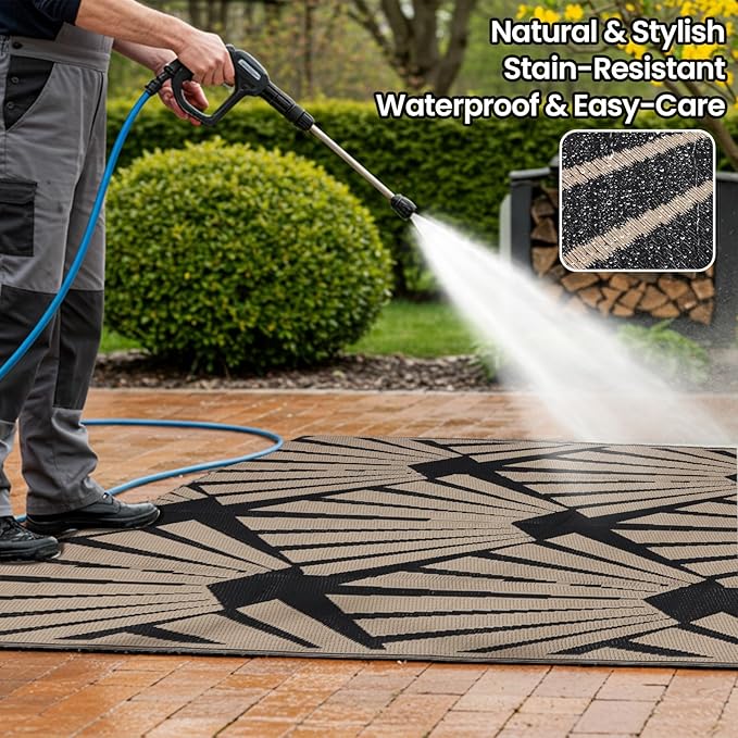 Outdoor Rug for Patio, 9x12 Ft Reversible Outdoor Plastic Straw Rug Waterproof Foldable Camping Mat with Uv Protection, Quick-Dry Straw Patio Carpet for Deck Rv Porch Backyard - Black & Brown