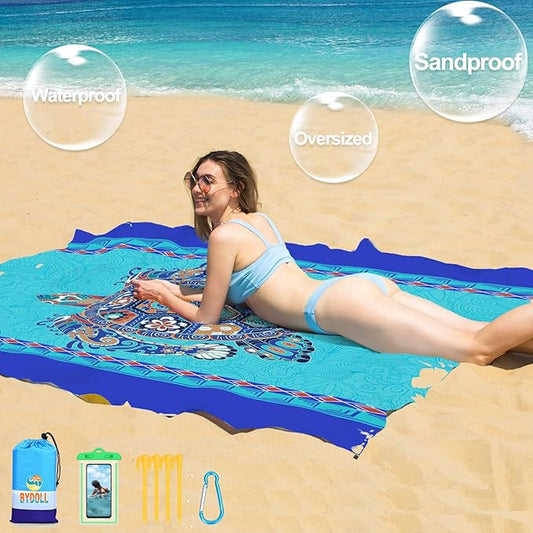 BYDOLL Beach Blanket Waterproof Sandproof 78''×81'' 1-7 Adults Oversized Lightweight Large Picnic Mat Waterproof Sandproof Blanket for Beach