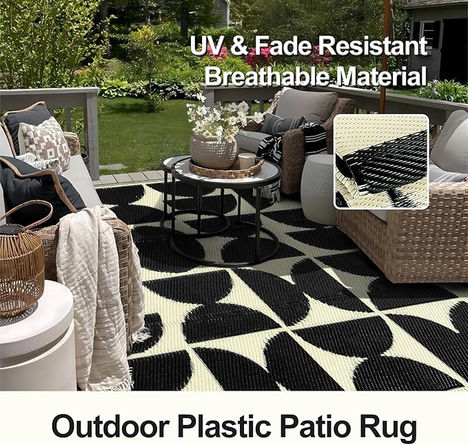 Wonnitar Outdoor Rug 6x9 Waterproof for Patio, Reversible Outdoor Plastic Straw Rug Large Portable RV Camping Rug, Geometric Outside Area Rug for Backyard Balcony Garden (Black & Beige,6'x9')