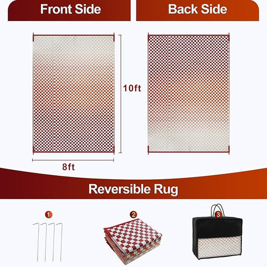 Wonnitar Waterproof 8x10 Outdoor Rug - Orange Red Ombre Checkered Patio Rug, Large Reversible Outside Mat for RV Deck Balcony, Lightweight Colorful Outdoor Camping Carpet