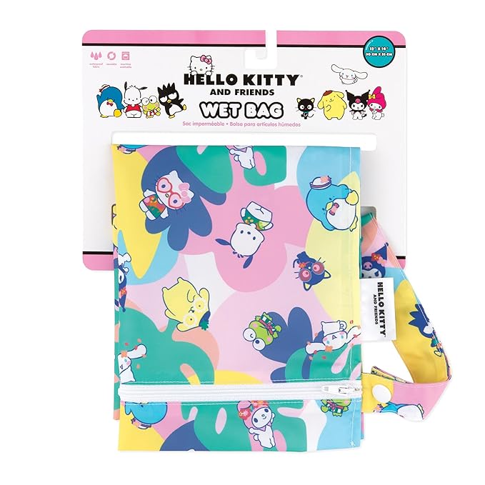 Bumkins Waterproof Wet Bag for Baby, Travel, Swim Suit, Cloth Diapers, Pump Parts, Pool, Beach, Gym Clothes, Toiletry, Hook to Stroller, Daycare, Zipper Reusable Wetdry Packing Pouch, Hello Kitty Luau