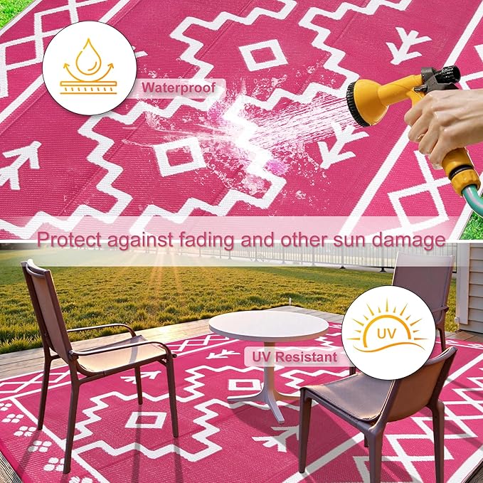 Uphome Outdoor Rugs 8x10 Waterproof, Reversible Hot Pink Boho RV Camping Rug, Patio Plastic Straw Outside Rug, Large Foldable Outdoor Mat Carpet for Backyard Deck Pool Balcony Picnic Beach, 8'x10'