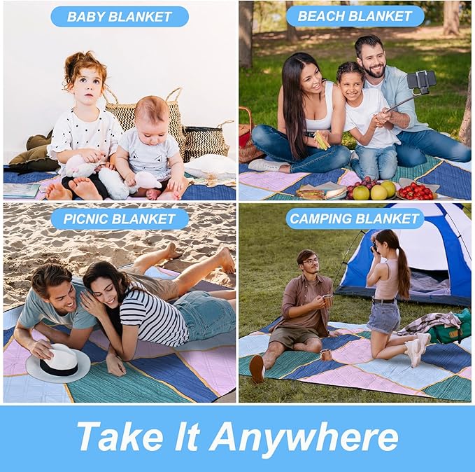 Picnic Blankets Outdoor Extra Large Thick- Waterproof Beach Mat Sand Free Foldable with Carry Strap,Portable Camping Blanket, Park Blanket for Grass Lawn Hiking Travel Concerts Gifts Ideas