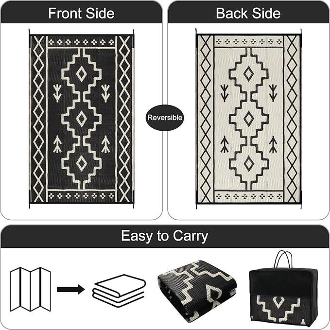 Uphome Outdoor Rug Mat Waterproof 5x8 ft, Reversible Outdoor Plastic Straw Rug, Black Boho Patio Rug, Foldable RV Camping Rug, Indoor Outdoor Area Rug for Backyard Deck Pool Balcony Picnic, 5'x8'