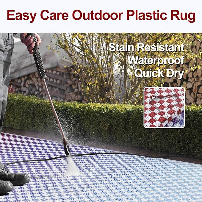 Wonnitar Waterproof Outdoor Rug 6x9 - Blue Purple Gradient Checkered Camping Plastic Straw Rug, Reversible Outside Mat for Patio RV Backyard, Lightweight Portable Deck Carpet