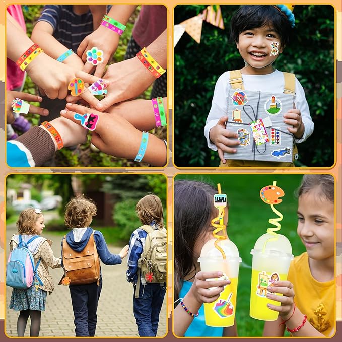 Tondiamo 206 Pcs Art Paint Party Favors Include Gift Cup Plastic Straw Color Pen Keychain Pendant Bracelet Ring Temporary Tattoo Party Blower Card Splatter Confetti for School Reward Birthday Party
