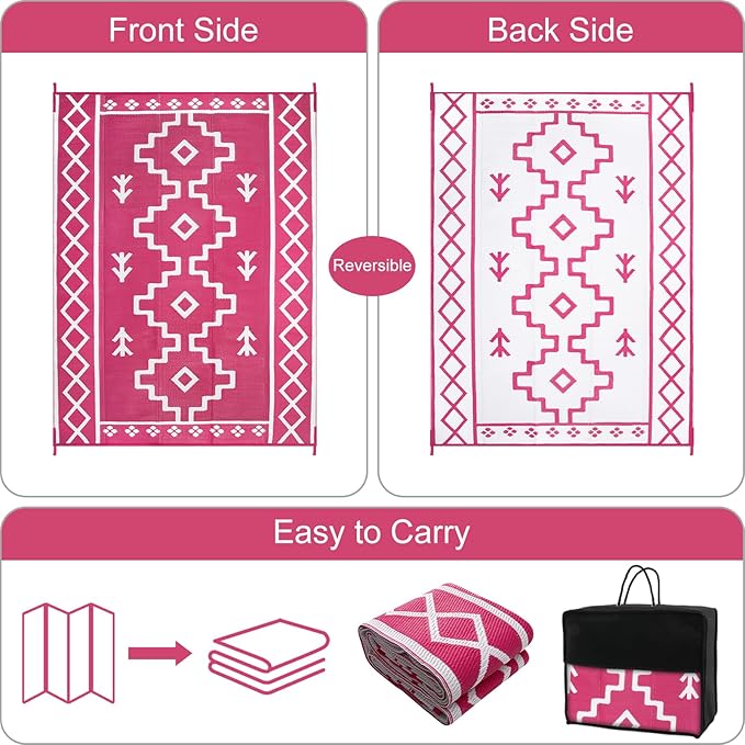 Uphome Outdoor Rugs 8x10 Waterproof, Reversible Hot Pink Boho RV Camping Rug, Patio Plastic Straw Outside Rug, Large Foldable Outdoor Mat Carpet for Backyard Deck Pool Balcony Picnic Beach, 8'x10'