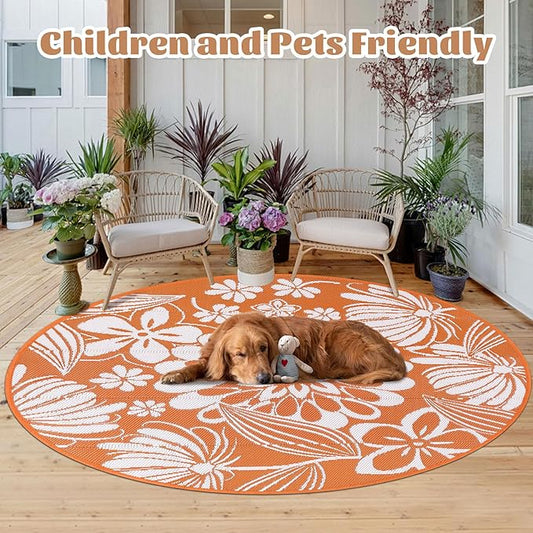 Ileading Round Outdoor Plastic Straw Rug 6ft Funny Floral Style Reversible Patio Area Rugs Waterproof Non Shedding Portable Carpets for Rv Outside Deck Pool Beach Picnic Camping (Orange)