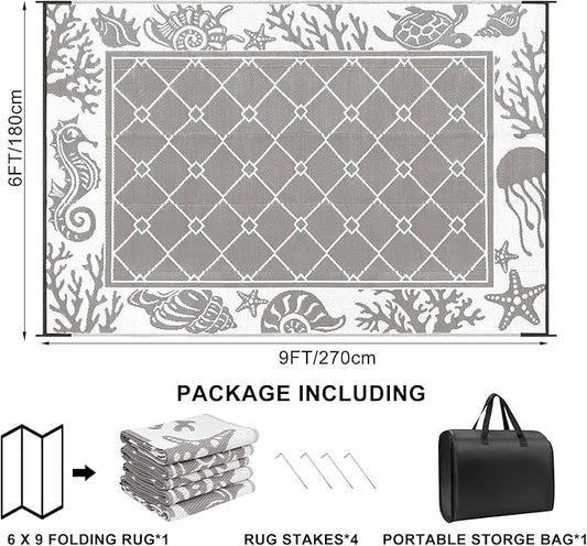 Vaukki Reversible Rugs, Plastic Straw Outdoor Doormat, Fade Resistant Plastic Outdoor Patio Mat, Lightweight Ocean Area Carpet for Patio, RV, Camping, Beach, Deck, Backyard and Picnic (Grey, 6'x9')