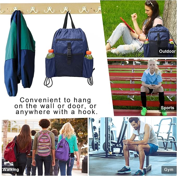 BeeGreen Drawstring Backpack Sports Gym Bag With Shoe Compartment and Two Water Bottle Holder …