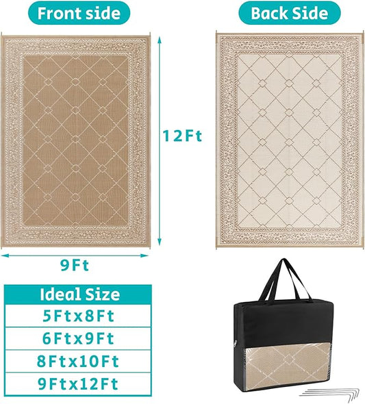 HEBE Outdoor Rug 9'x12' for Patios Waterproof Clearance Reversible Patio Mat Plastic Straw Rug RV Camping Mat Outside Area Rug Carpet for Camping RV,Porch,Deck,Balcony,Camper,Backyard
