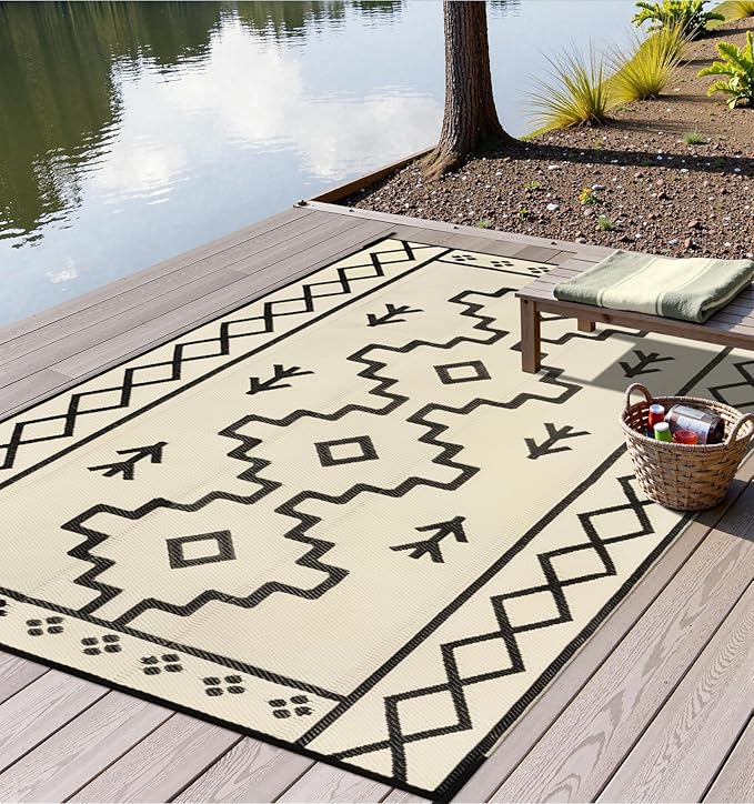 Uphome Outdoor Rug Mat Waterproof 5x8 ft, Reversible Outdoor Plastic Straw Rug, Tan Boho Patio Rug, Foldable RV Camping Rug, Indoor Outdoor Area Rug for Backyard Deck Pool Balcony Picnic, 5'x8'