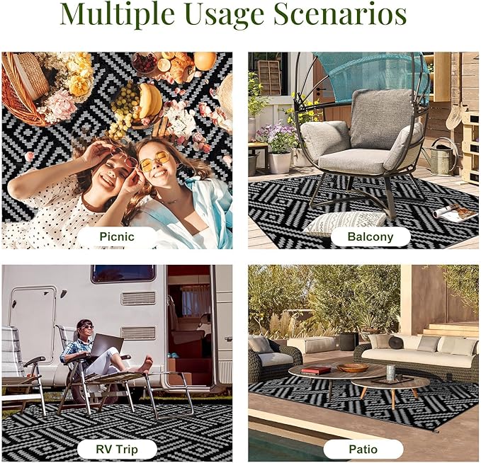 OPPODREAM Outdoor Rug 9x12 Patio Waterproof, Large Outdoor Plastic Straw Rug, Reversible Out Door Carpet for Camping, Deck, Rv, 9 x 12 Area Carpet for Balcony, Porch, Backyard, Black and Grey