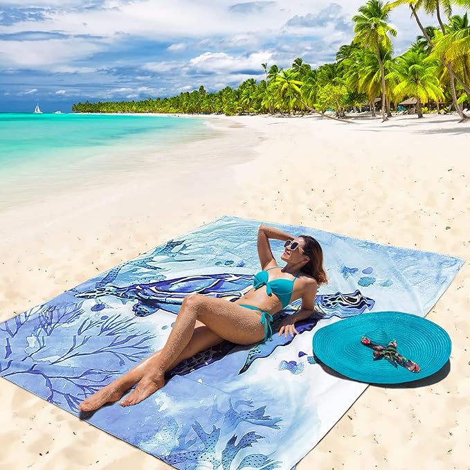 AISPARKY Beach Blanket Waterproof Sandproof Quick Drying Beach Mat Extra Large Outdoor Picnic Blanket for Travel Camping Hiking (Turtle, 79" X 83")