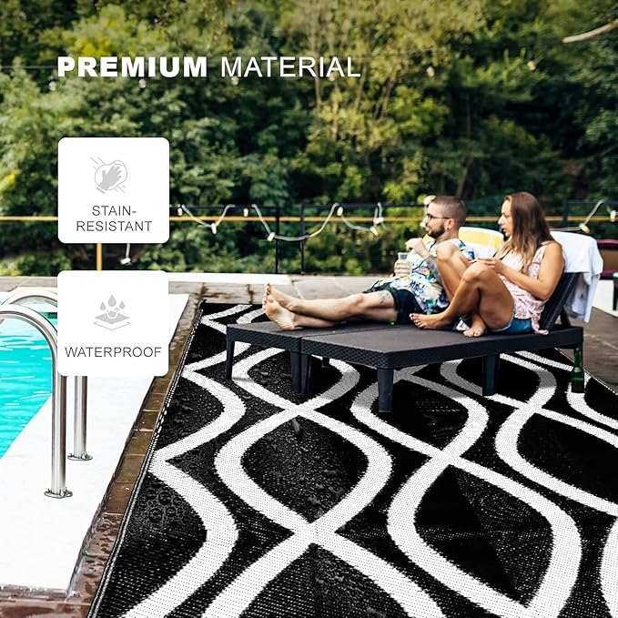 wikiwiki Outdoor Rug, 5x8ft Waterproof Reversible Mat Indoor Outdoor Rugs Carpet, Small Area Rug Plastic Straw Rug for Patio Deck Balcony Pool RV Camping Beach Picnic, Black & White, Rugscape Series