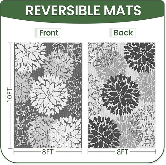 LuxStep Outdoor Rug Waterproof Outdoor Plastic Straw Rug Reversible Patio Rug Mat Outdoor Decor Large Area Mats for RV, Picnic, Backyard, Deck, Balcony, Porch, Beach, Camping, 8' x 10' Grey