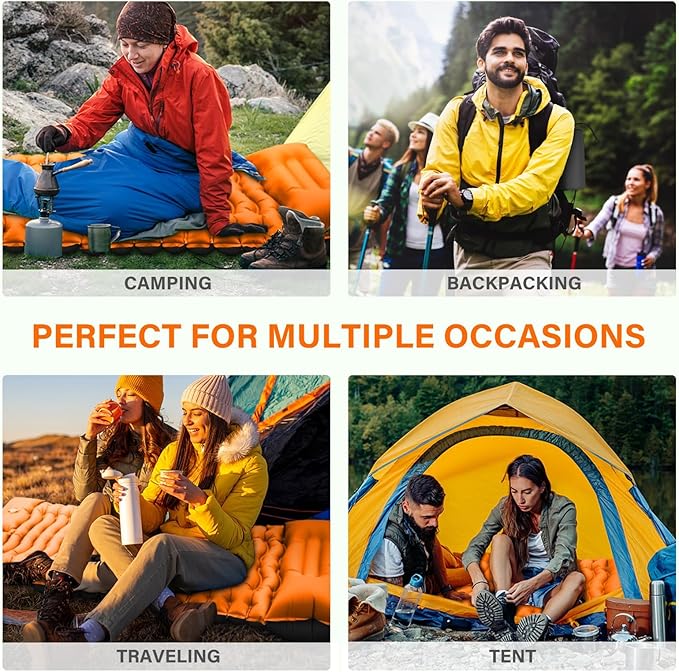 Camping Sleeping Pad, Ultralight Camping Pad with Pillow Built-in Foot Pump Inflatable Sleeping Mat Compact for Camping Backpacking Hiking Traveling - Orange, Single