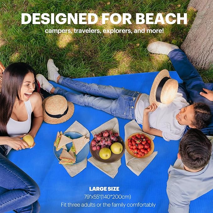 Beach Blanket Sandproof Waterproof, Beach Essentials Extra Large Beach Mat, 79" X 55" Oversized Durable Outdoor Picnic Mat Storage Bag for 1-4 Adults, Beach Accessories for Travel, Camping, Hiking