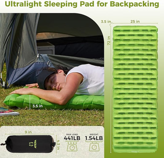 ATEPA Backpacking Sleeping Pad, 6 R-Value Insulated Ultralight Inflatable Sleeping Pad Thick Folding Camping Mattress with 7 Layers & Storage Bag for Camping Backpacking, Wide Long Size (72"x25")