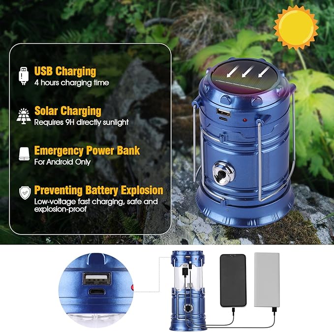 Solar Camping Lantern for Power Outages - USB Rechargeable Lamp Camping Essentials,Collapsible Waterproof Solar Lights for Indoor Outdoor Emergency Light/4 Packs/Blue