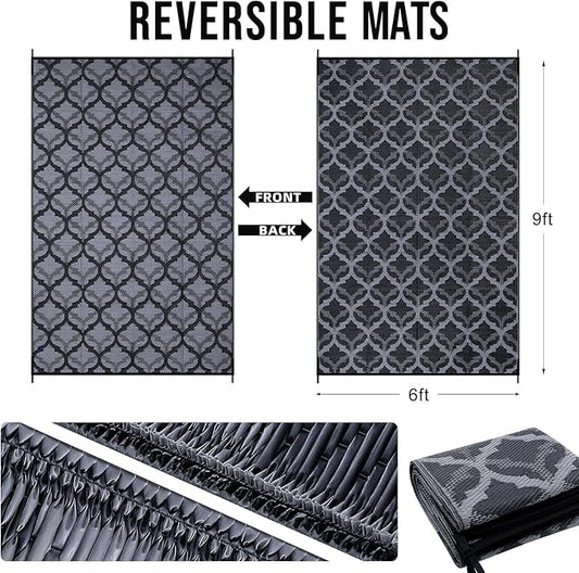 OLANLY Reversible Outdoor Rug 6x9 ft Clearance, Waterproof Outdoor Plastic Straw Rug with Interlacing Pattern, RV Mat for Patio, Camping, Balcony, Deck, Backyard, Black & Grey
