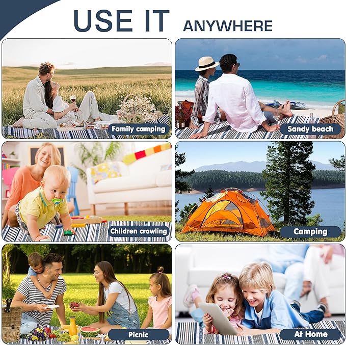 Oversized Waterproof Picnic Mat, Dustproof Washable Outdoor Beach Mat. Suitable for Camping, Outdoor, Beach, Party and Concert. (Dark Blue & Light Green, 80" * 80")