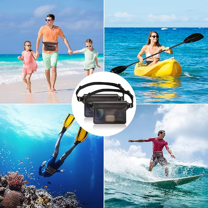 SYNCWIRE Waterproof Pouch Bag with Adjustable Waist Strap (2 Pack) - IP68 Waterproof Waist Bag Screen Touchable Dry Bag with Adjustable Belt for Beach, Swimming, Boating, Fishing, Hiking, etc