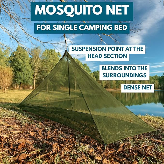 The Friendly Swede Outdoor Mosquito Net — Mosquito Netting for Camping & Bed; Army Green Bug Net with Stuff Sack, 4 Ground Stakes & Adjustable Cord; Single Bug Tent
