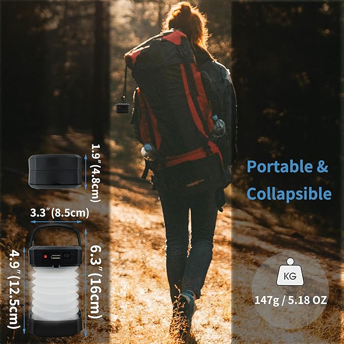 Solar Powered Lantern Flashlight,2-Pack Collapsible LED Camping Lantern,Portable USB Rechargeable Lamp for Power Outages,Emergencies,Hurricanes,Tent Lighting,Hiking,Backpacking Gear(Black)