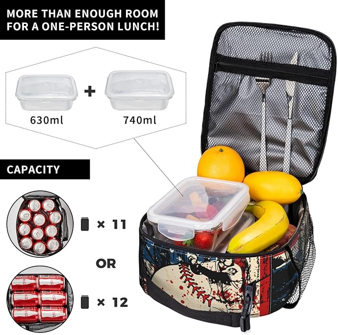 Baseball Stitches American Flag Insulated Lunch Bag, Baseball Sport Lunch Box Tote Cooler Reusable Lunch Pail Adjustable Shoulder Strap and Side Pocket Outdoors Meal Bag For Women