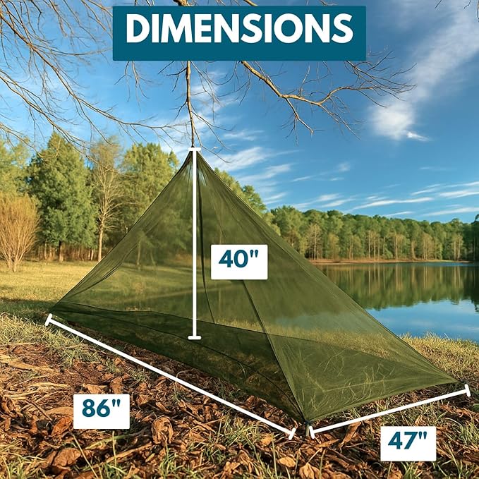 The Friendly Swede Outdoor Mosquito Net — Mosquito Netting for Camping & Bed; Army Green Bug Net with Stuff Sack, 4 Ground Stakes & Adjustable Cord; Single Bug Tent