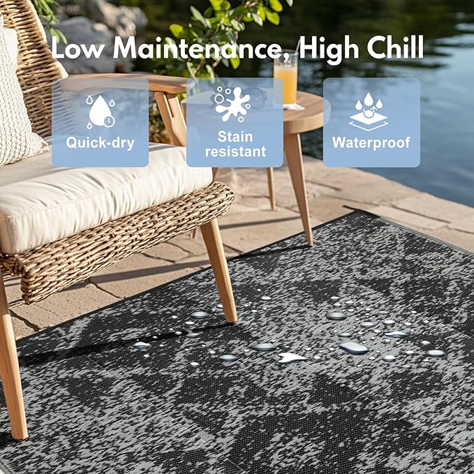 Waterproof Outdoor Rug 9x18 ft, Reversible Plastic Straw Rug, Easy to Clean Patio Rug, Portable Carpet for Patio, RV, Deck, Balcony, Backyard, Picnic, Beach, Mosaic, Gray