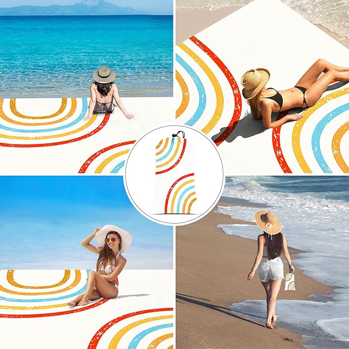 Beach Blanket Waterproof Sandproof, 110''×118'' Extra Large Sand Free Beach Mat, Foldable Compact Lightweight Quick Drying Polyester Picnic Blankets with 4 Stakes & Pockets - Rainbow Arches