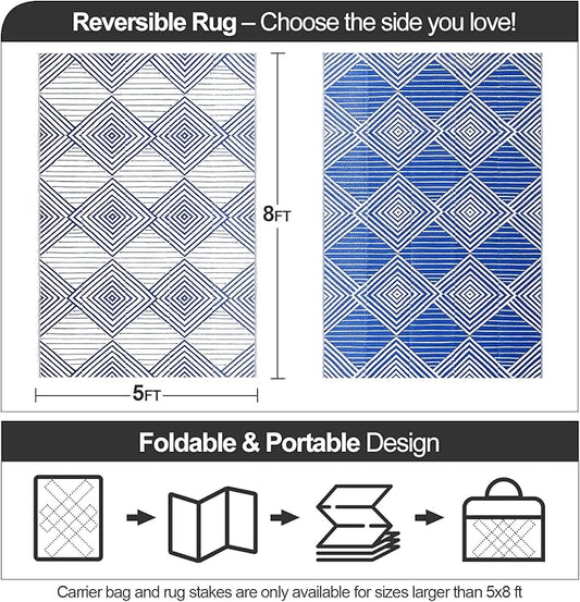 Waterproof Outdoor Rug 5x8ft, Foldable Reversible Plastic Straw Mat for Patio RV Deck Porch Backyard Balcony Camping Picnic Beach Indoor Outdoor Carpet, Blue&White