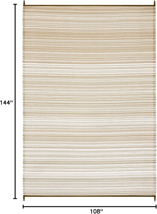 FH Home Outdoor Camping Rug - Waterproof, Fade Resistant, Reversible - Premium Recycled Plastic - Striped - Large Patio, Deck, Sunroom, RV - Havana - Beige - 9 x 12 ft Foldable
