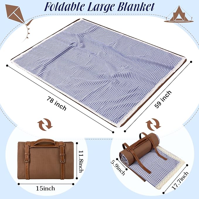 Waterproof Picnic Blankets Outdoor Blanket Foldable 2 in 1 Double Layer Sandproof Beach Mat with Carry Strap for Camping Lawn Park Beach Grass(Blue White,59 x 79 Inches)