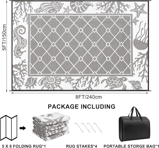 Vaukki Reversible Rugs, Plastic Straw Outdoor Doormat, Fade Resistant Plastic Outdoor Patio Mat, Lightweight Ocean Area Carpet for Patio, RV, Camping, Beach, Deck, Backyard and Picnic (Grey, 5'x8')